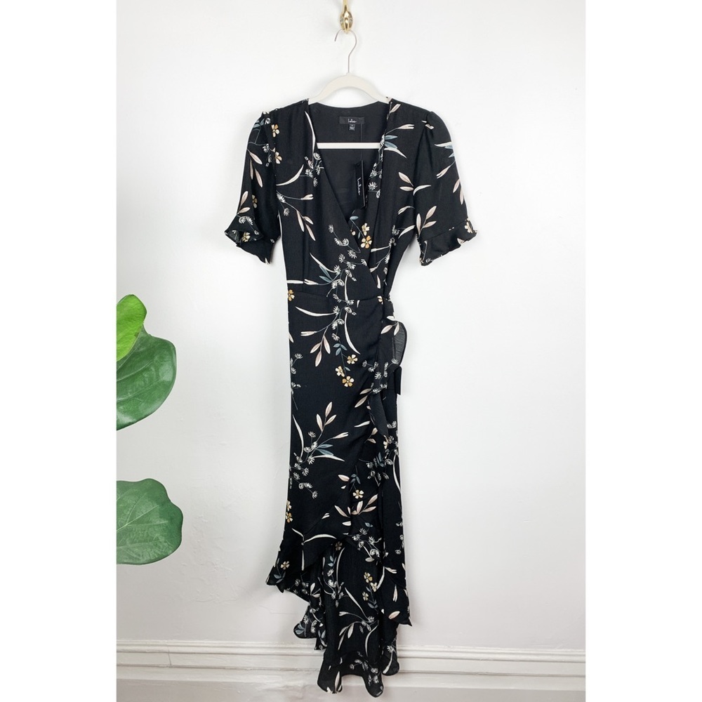 NWT Lulu’s Wild Winds Black Floral Print High Low Midi Wrap Dress Sz S - Picture 3 of 15